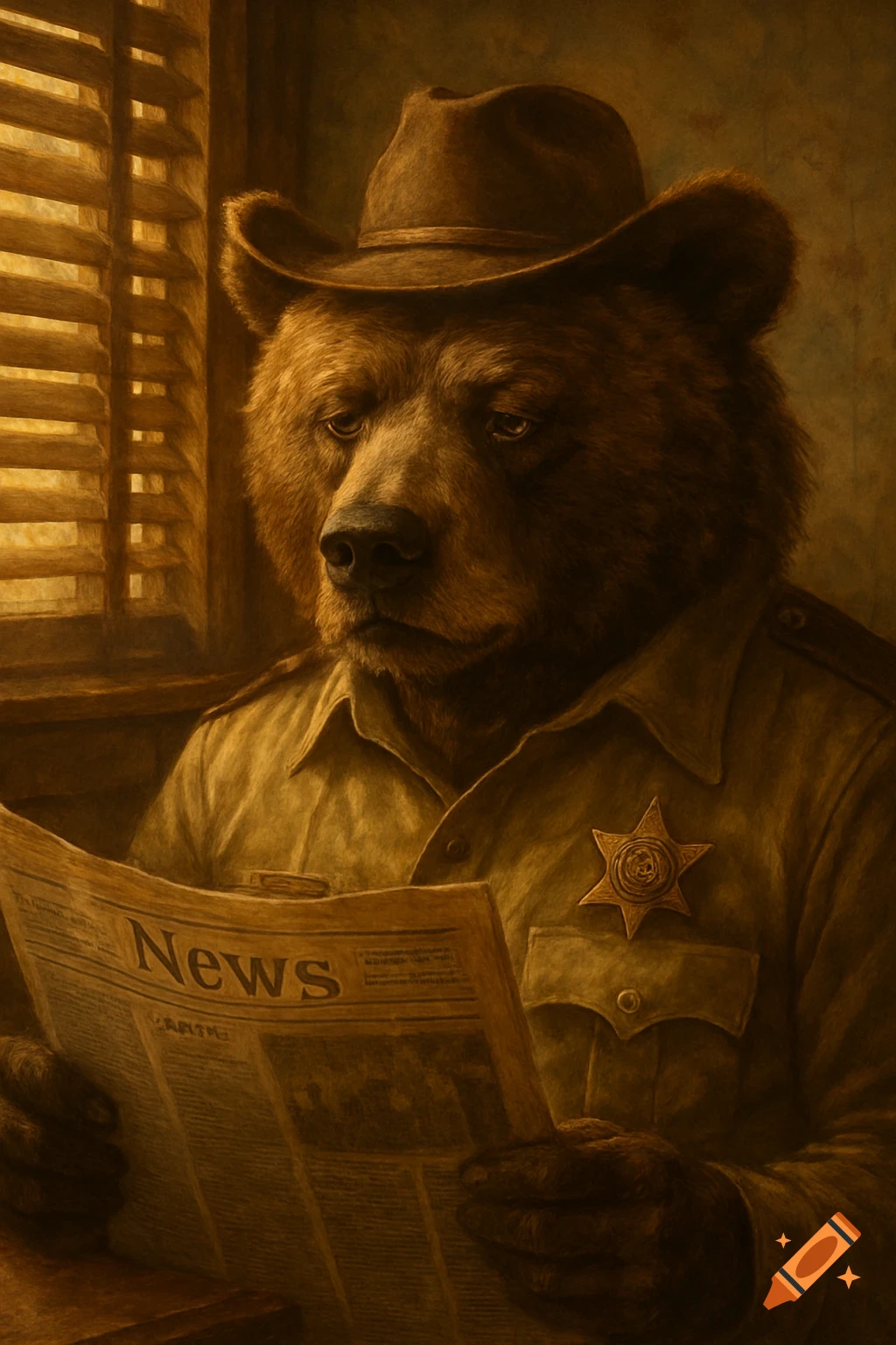 A realistic painting of a grizzly bear in a sheriff's uniform and hat, reading a newspaper with a disappointed expression.