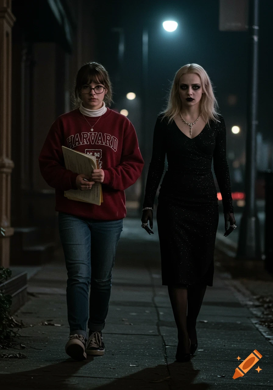 Two women walk on a dark city sidewalk at night; one in a Harvard sweatshirt, the other in a black dress with gothic makeup.