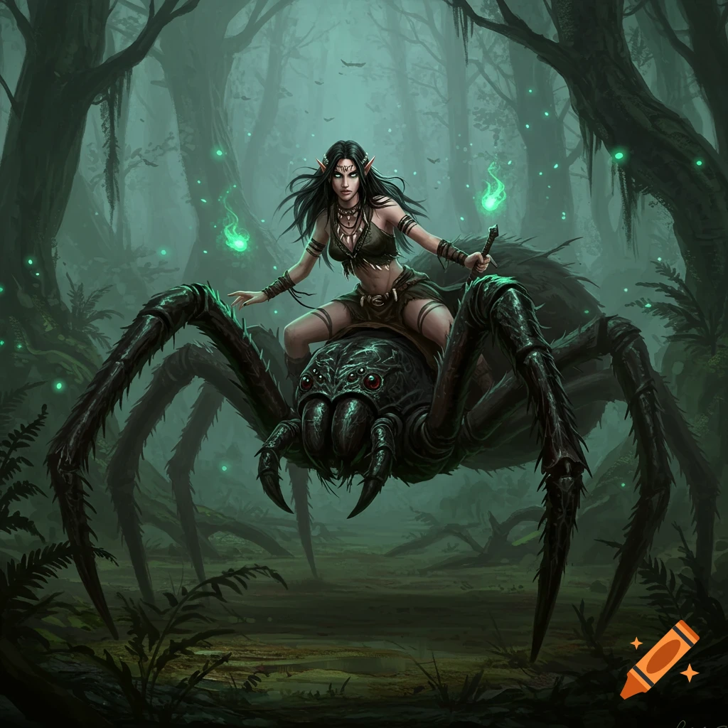 A dark-haired female elf with green eyes rides a giant, dark spider through a misty, dark green forest with glowing green orbs.