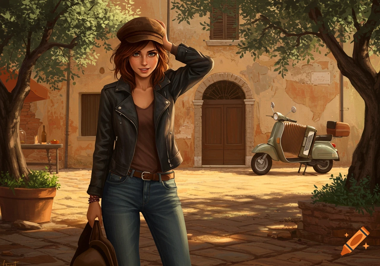 A young woman in a leather jacket and cap stands in an Italian courtyard with a scooter nearby, in an illustrated style.