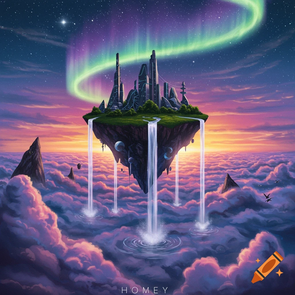 A floating island with a futuristic city and waterfalls in a starry sky with a colorful aurora over clouds at sunset.
