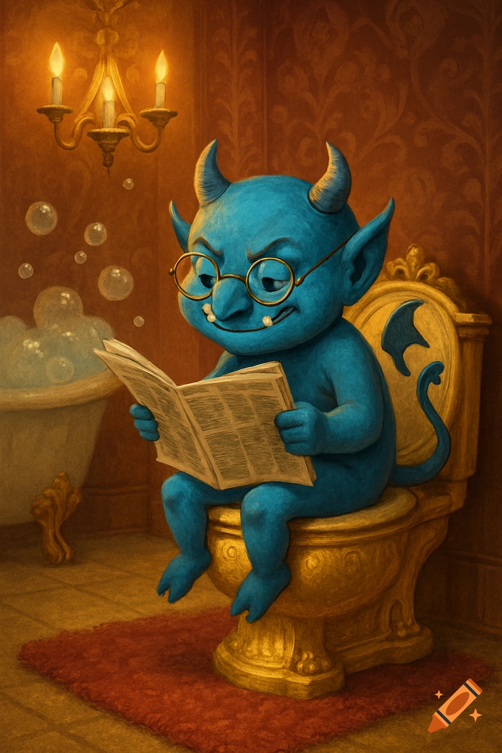A cute, blue, horned devil with glasses sits on a golden toilet, reading a newspaper in a dimly lit bathroom with a clawfoot tub.
