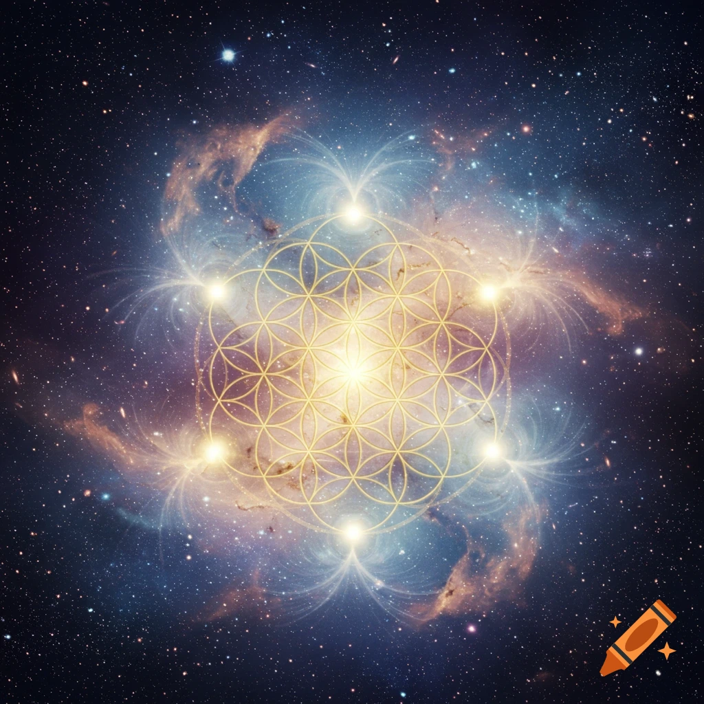 A glowing golden geometric 'Seed of Life' pattern centered against a dark blue and purple galaxy with stars and nebulae.