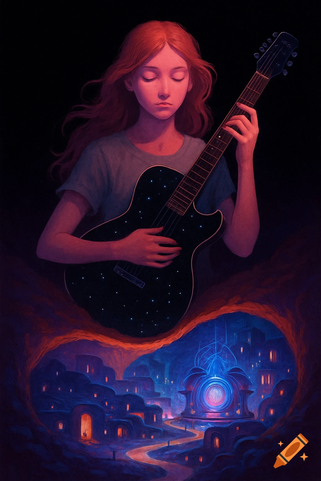 A red-haired girl plays a black, star-embedded guitar above a glowing underground community, in a fantasy illustration style.