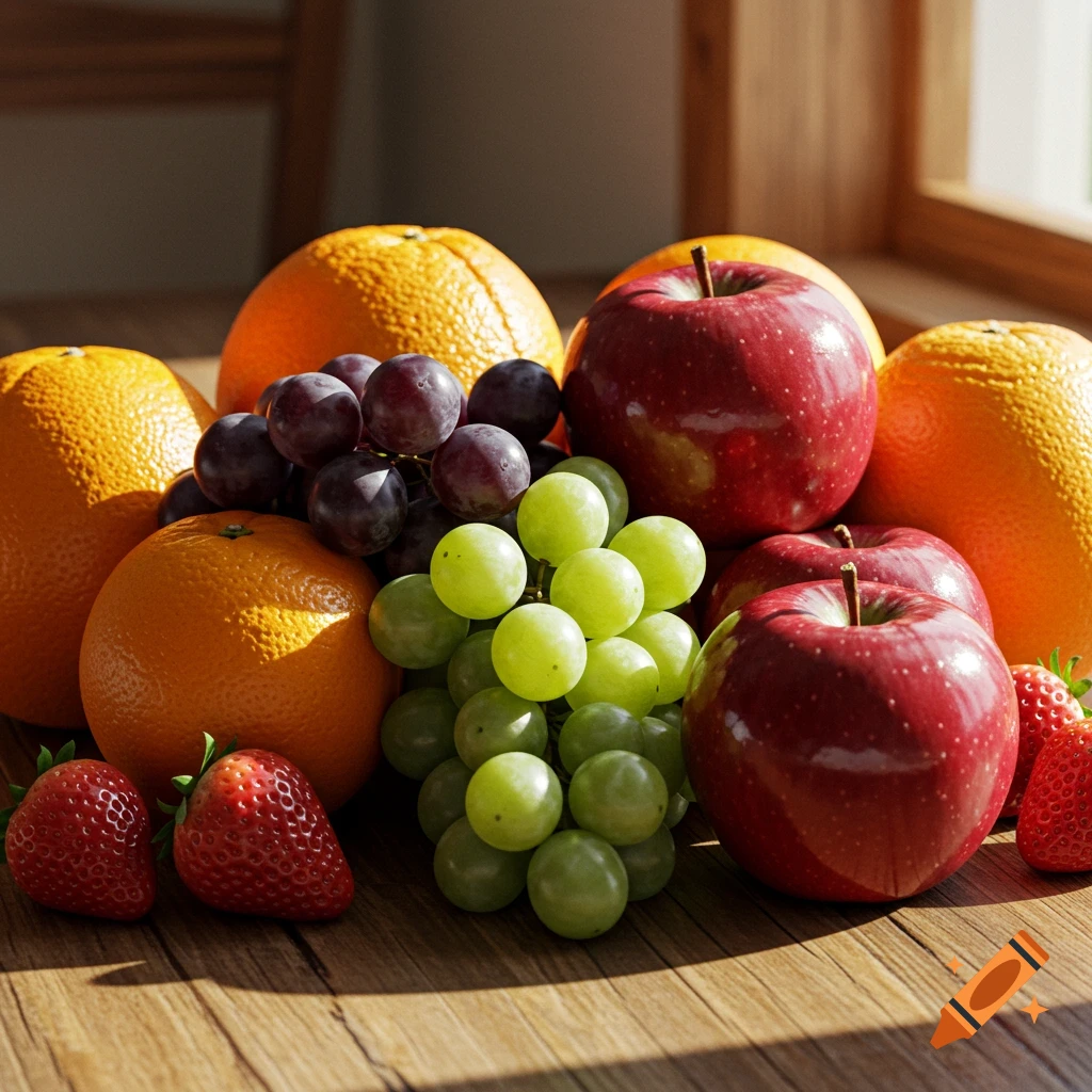 A photorealistic still life arrangement of fresh oranges, red apples, green and purple grapes, and strawberries on a wooden table.