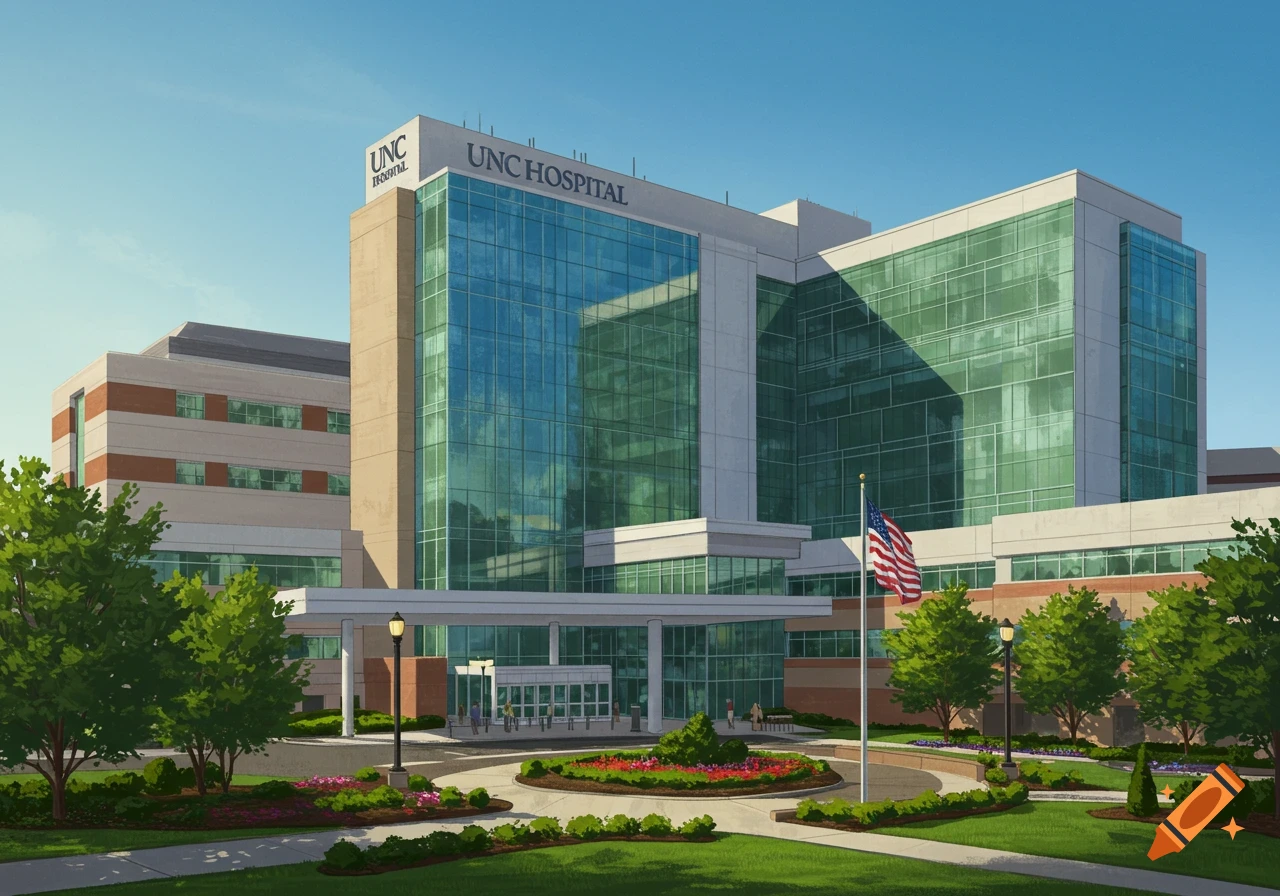 A large, modern hospital building with a glass facade, green landscaping, and an American flag flying in front, under a clear blue sky.