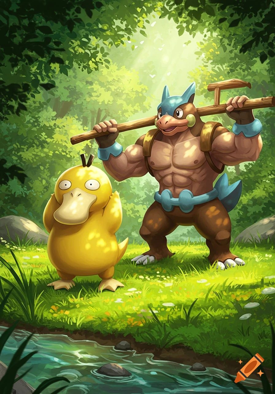 Psyduck and a muscular Timburr stand by a stream in a vibrant green forest, holding a wooden beam.