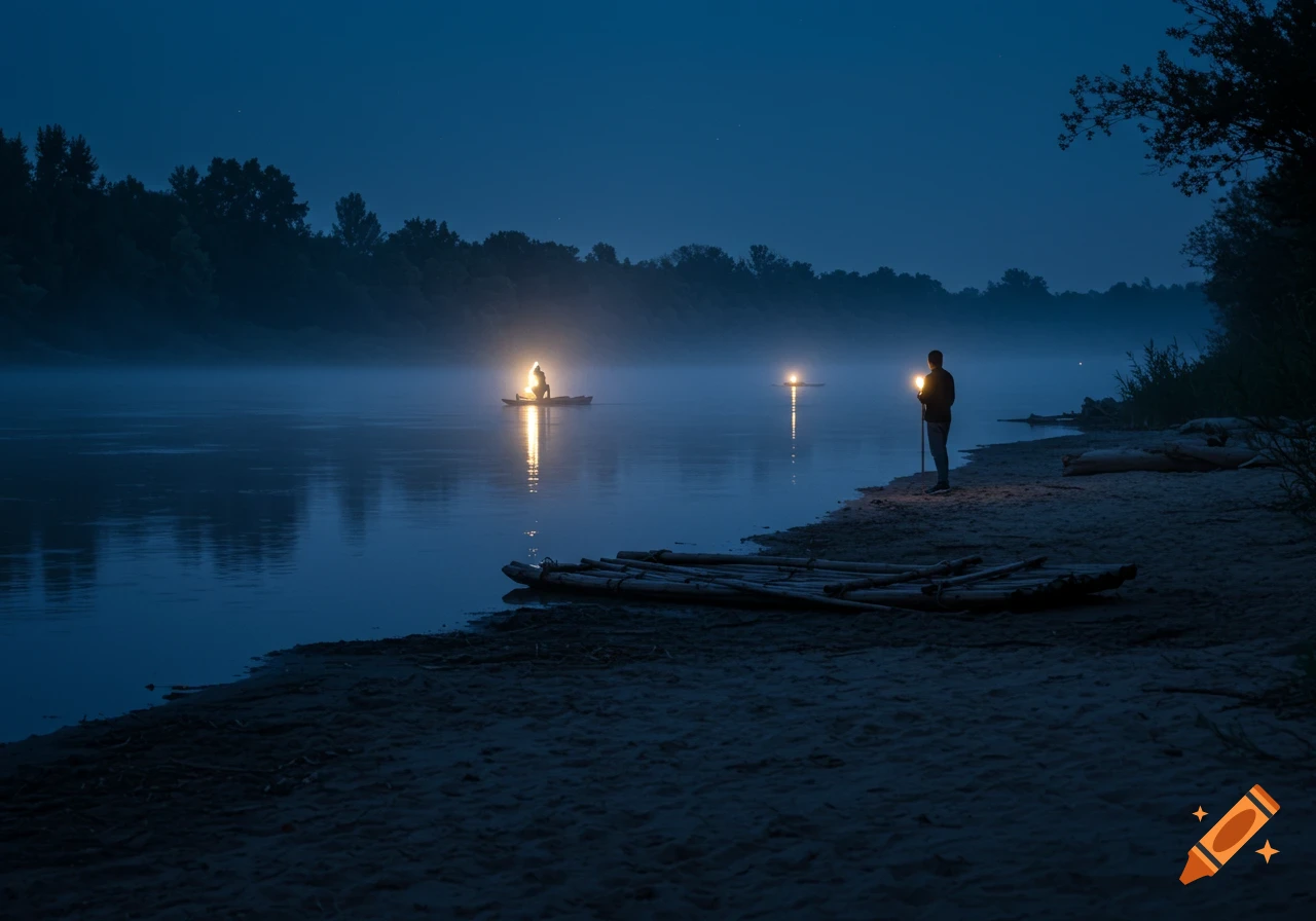 A dark, misty river scene at night with two figures, one on a boat and one on shore, both holding bright lights. Photorealistic.