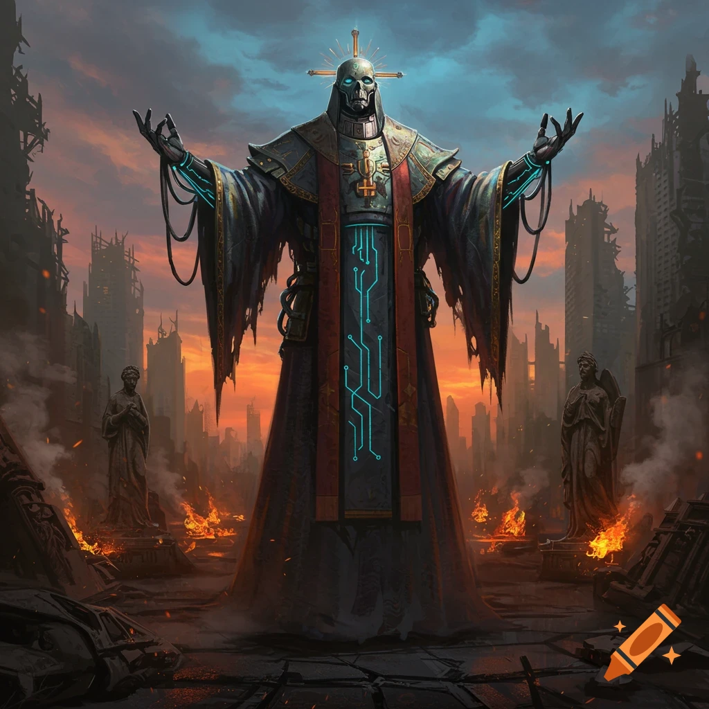 A skull-faced mecha priest with cybernetic elements and a halo stands in a burning, ruined city at sunset, with arms outstretched.