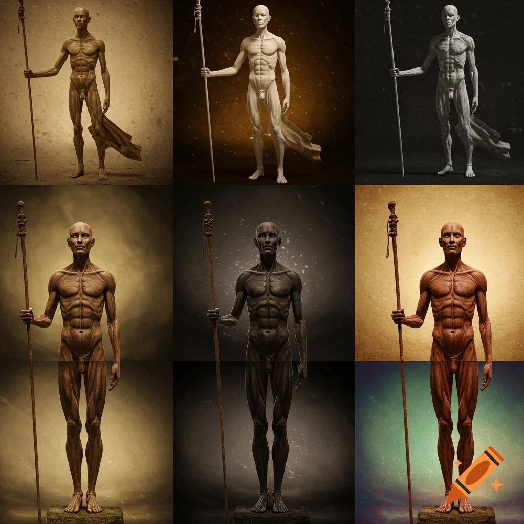 A 3x3 grid showing nine different stylized renderings of a nude male anatomical figure holding a staff.