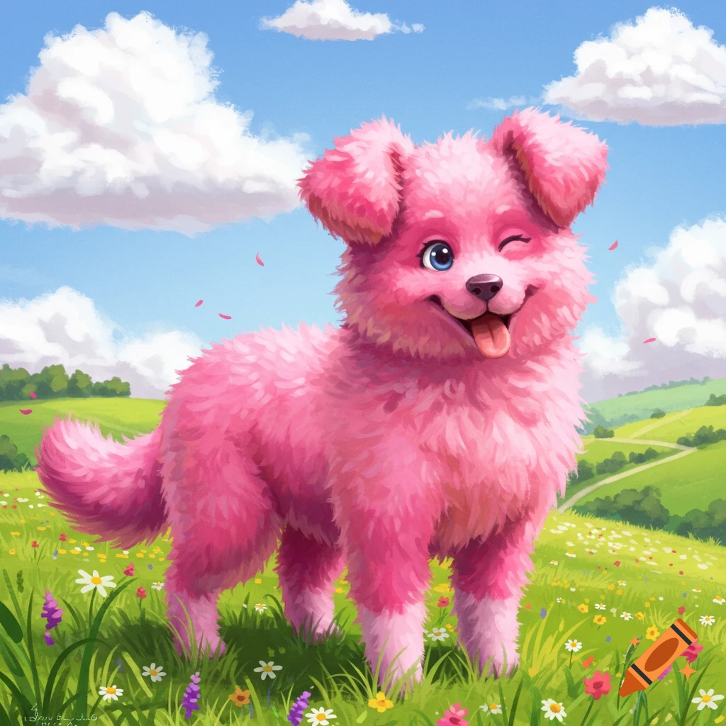 A cute pink fluffy dog winks and smiles in a vibrant green field under a blue sky with white clouds.