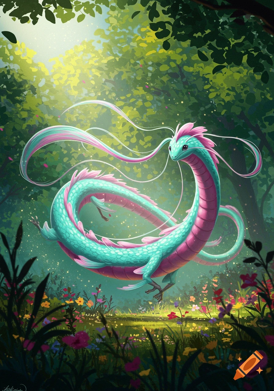 An illustrated turquoise and pink serpentine dragon floats gracefully in a vibrant, sunlit forest clearing with colorful flowers.