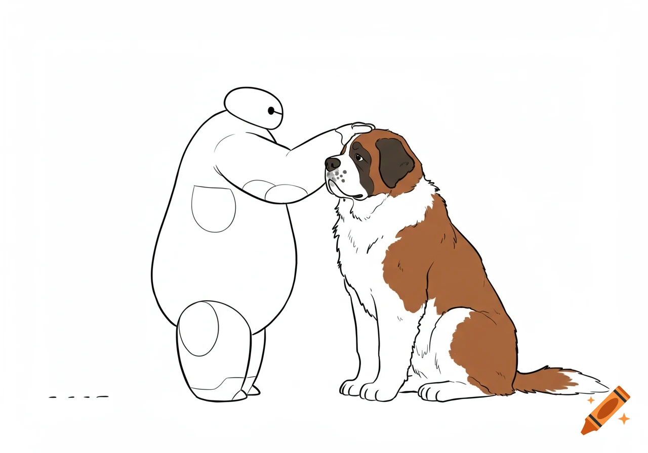 A simple line drawing of Baymax, the white inflatable robot, gently patting a brown and white St. Bernard dog on the head.