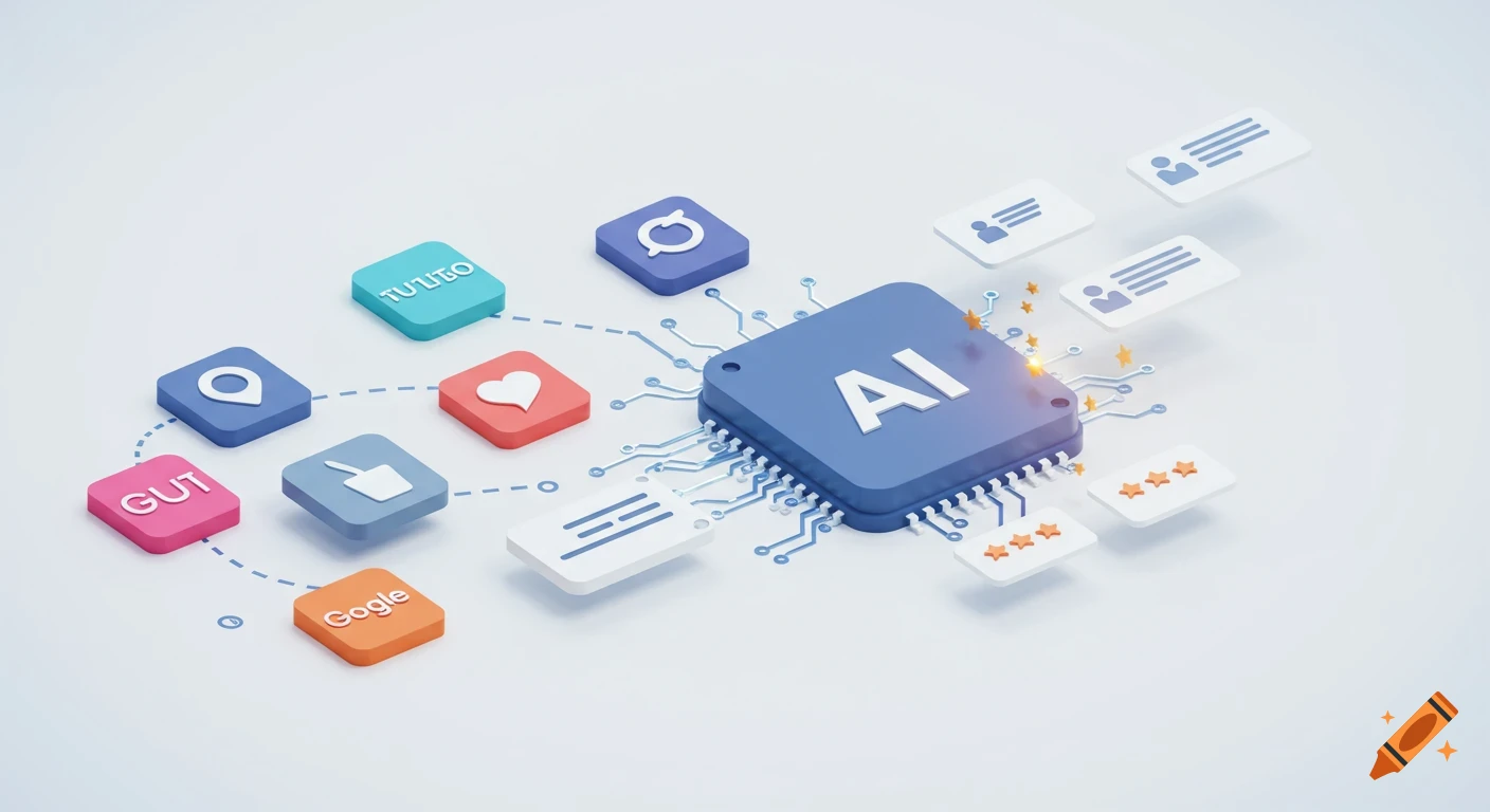 3D rendering of an AI chip processing various app icons and data inputs, outputting five-star reviews, on a light background.