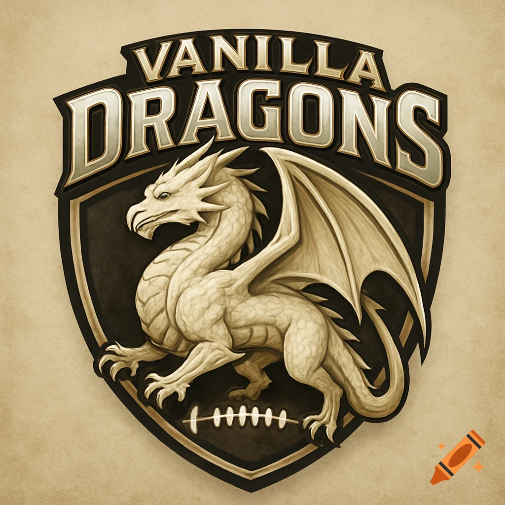 A beige and black team logo featuring a detailed white dragon standing over a football. The text "VANILLA DRAGONS" is above the dragon.