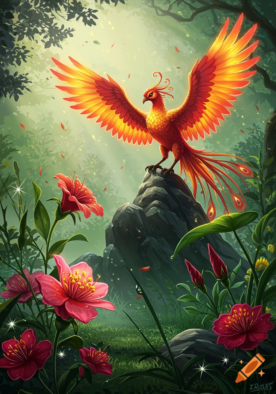 A vibrant red and orange phoenix with large wings stands on a rock in a lush, glowing forest surrounded by bright pink and red flowers.