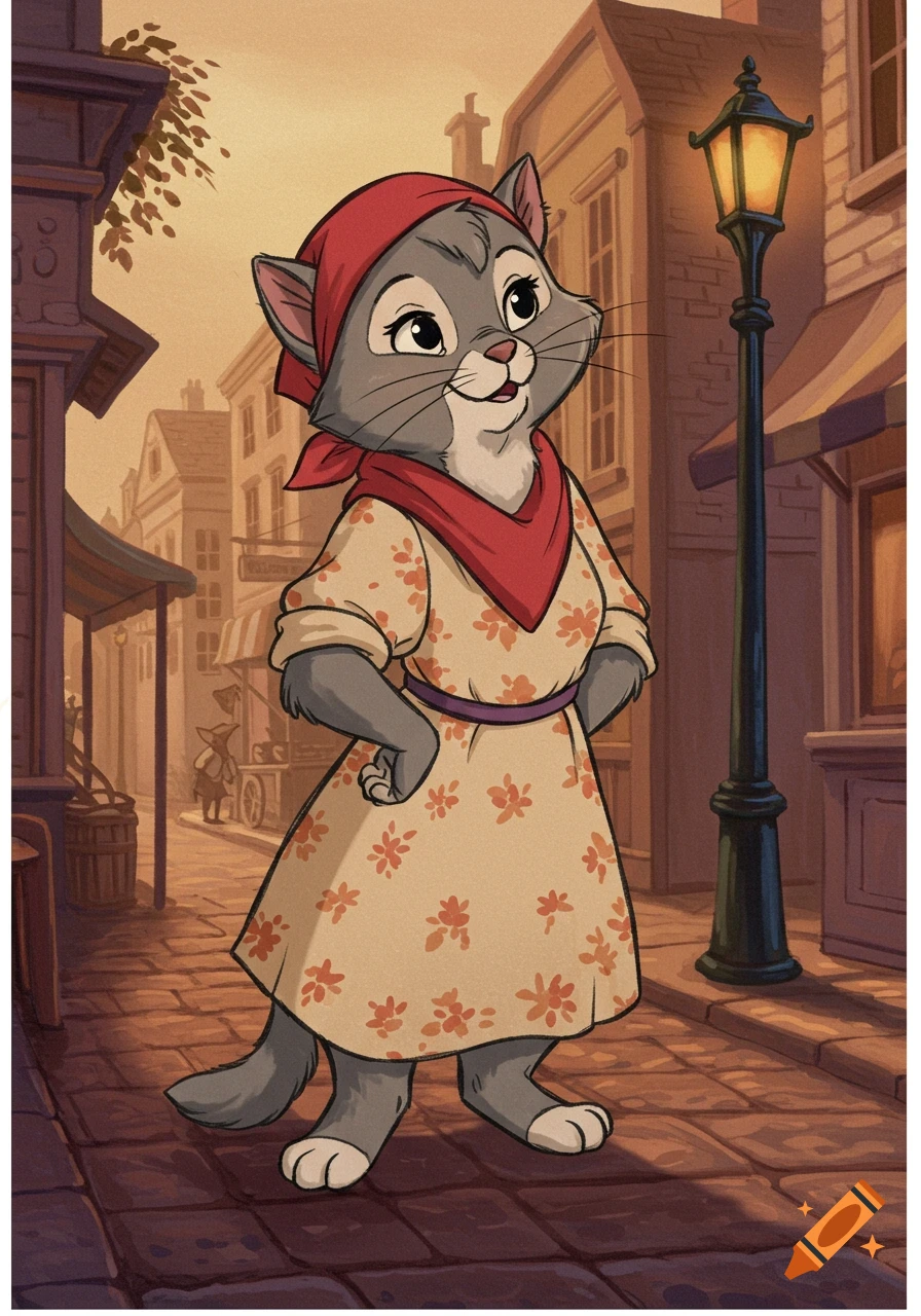 A cartoon cat wearing a red bandana and a floral dress stands in a European-style street at sunset, in the style of Don Bluth.