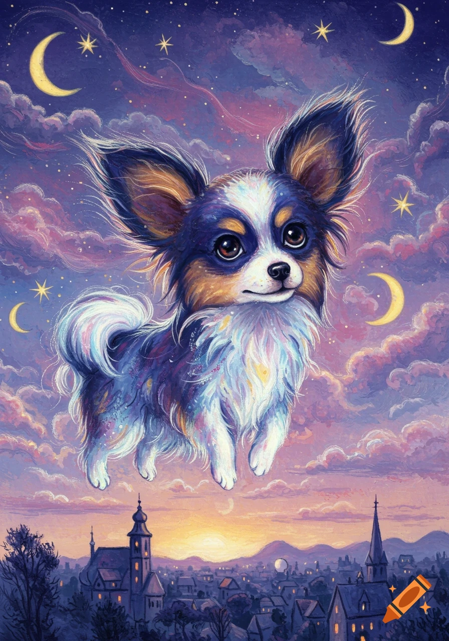 A whimsical, painterly image of a multi-colored papillon dog floating in a starry, cloudy night sky above a small town.