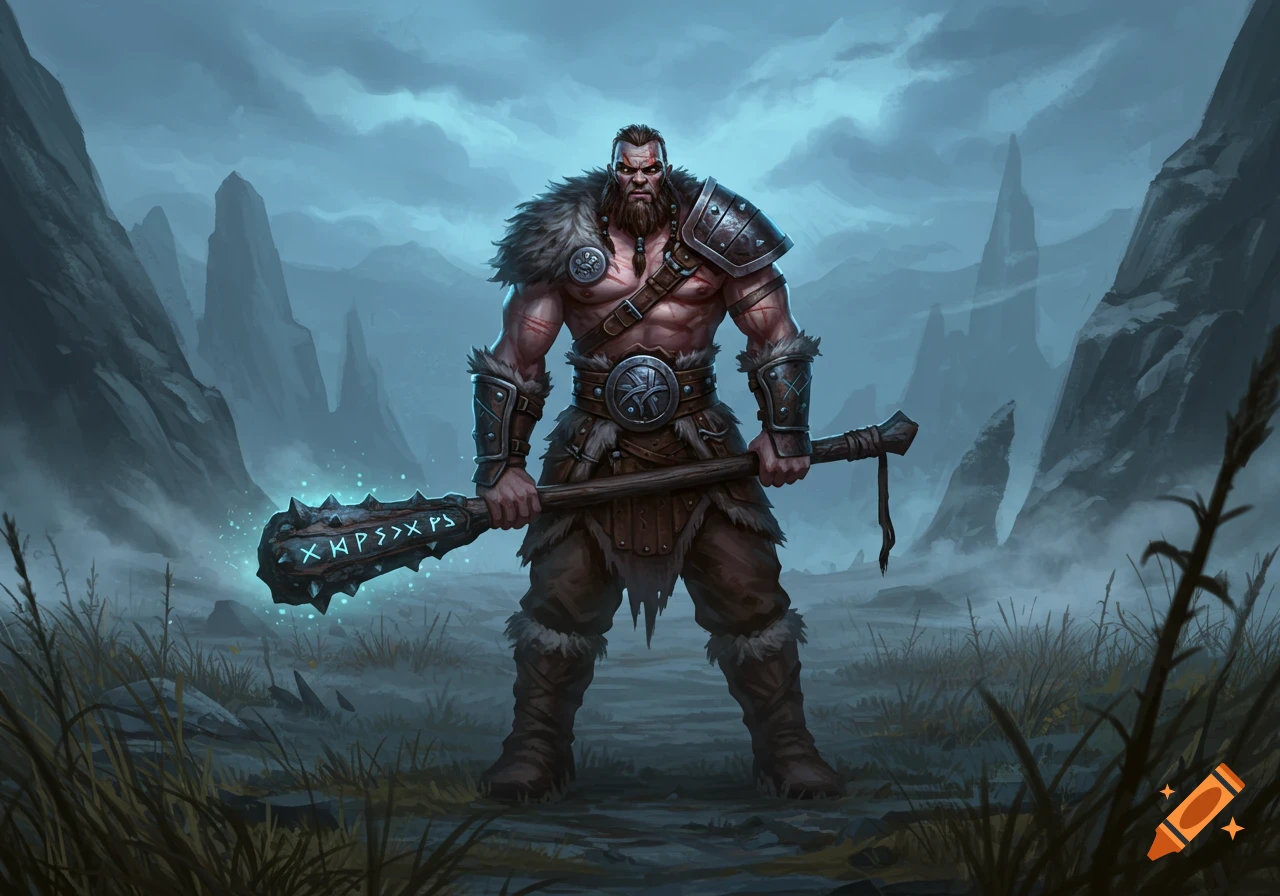 A muscular barbarian with a beard, wearing fur and armor, stands holding a glowing spiked greatclub in a misty, rocky landscape.