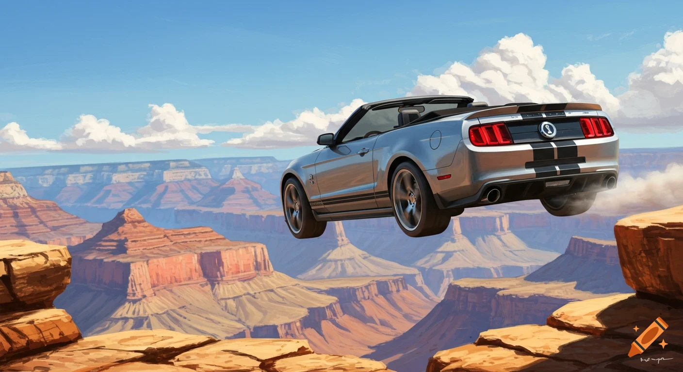A silver 2013 Shelby GT500 convertible with black stripes leaps over the Grand Canyon, depicted in a realistic digital painting style.