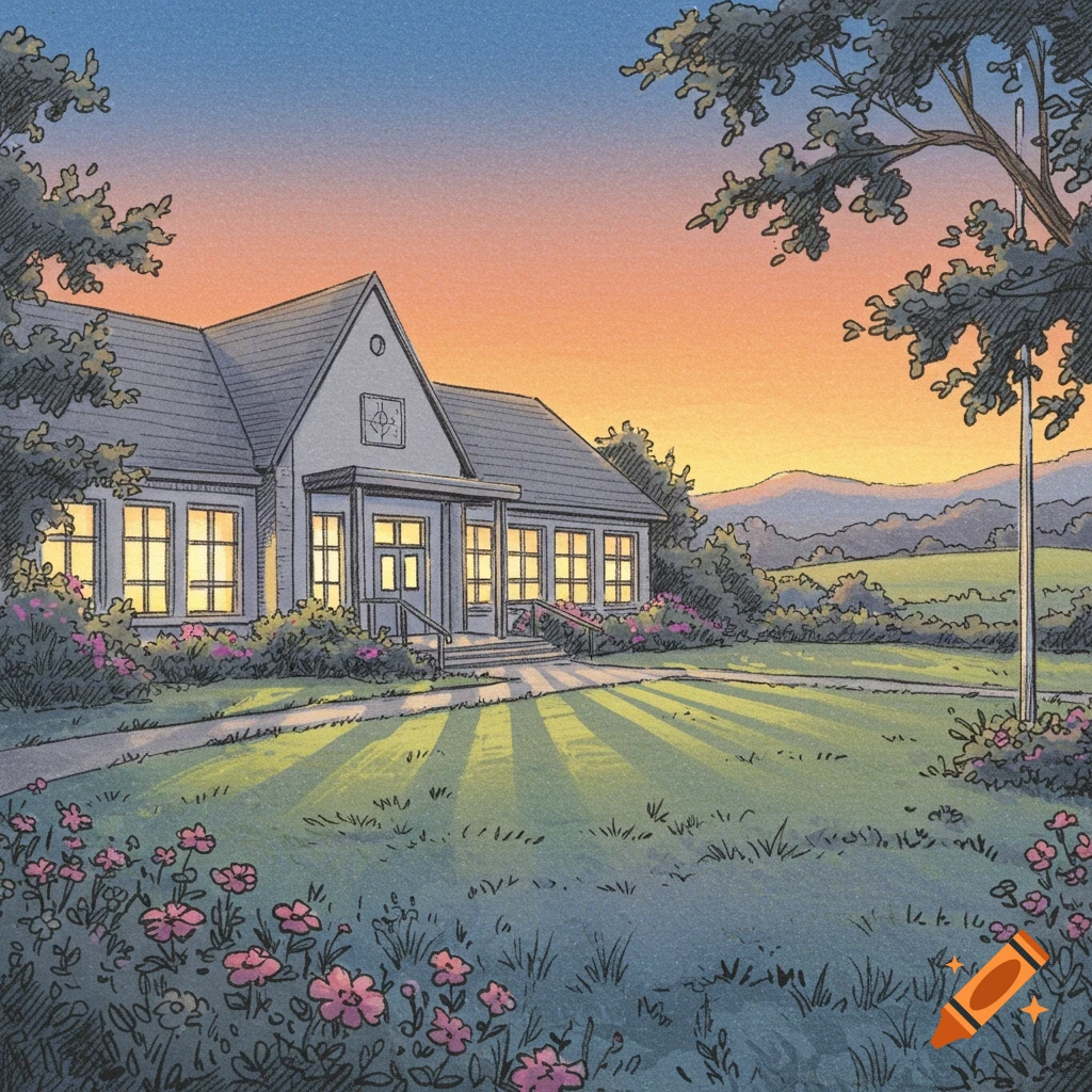 An illustration of a school or house at sunrise, with bright windows and long shadows on a grassy lawn with pink flowers.
