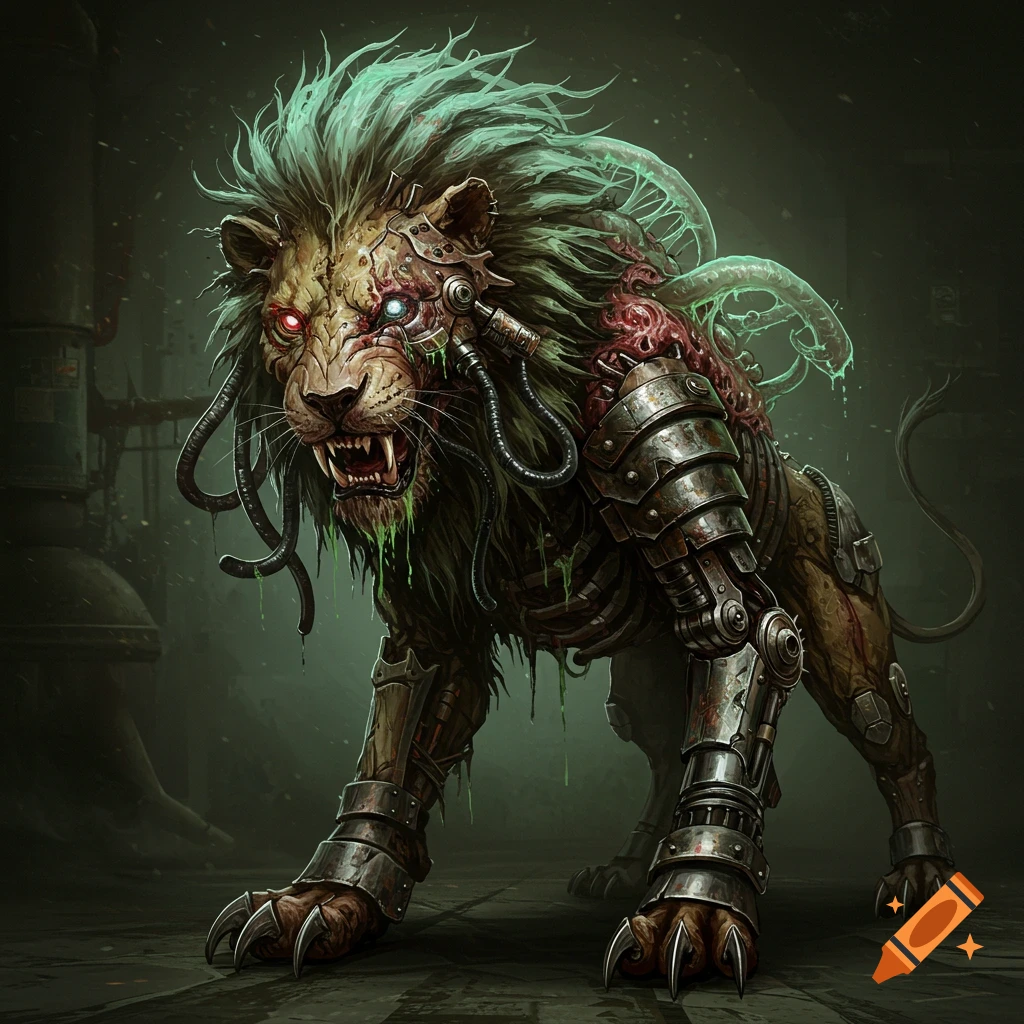 A terrifying biopunk lion with green glowing mane, red and milky eyes, exposed flesh, metal armor, and wires, dripping green fluid.