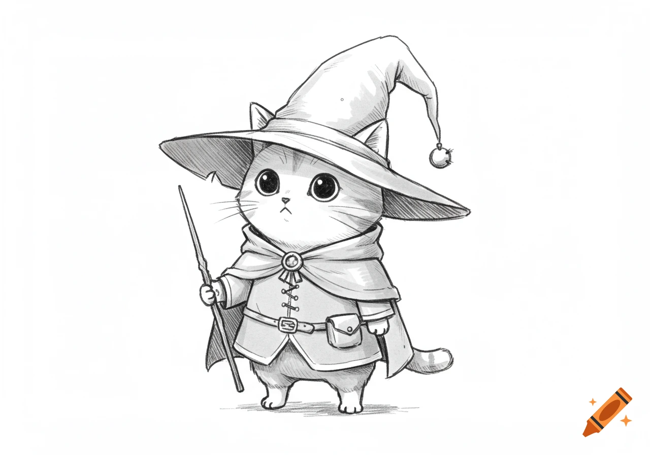 Black and white sketch of a cute, chubby cat wizard in a hat and robe holding a wand.