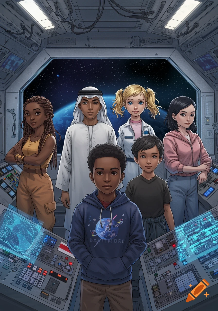 A diverse group of children and young adults in a spaceship cockpit looking out at Earth and stars. One boy wears a hoodie that says "BARTIMORE."