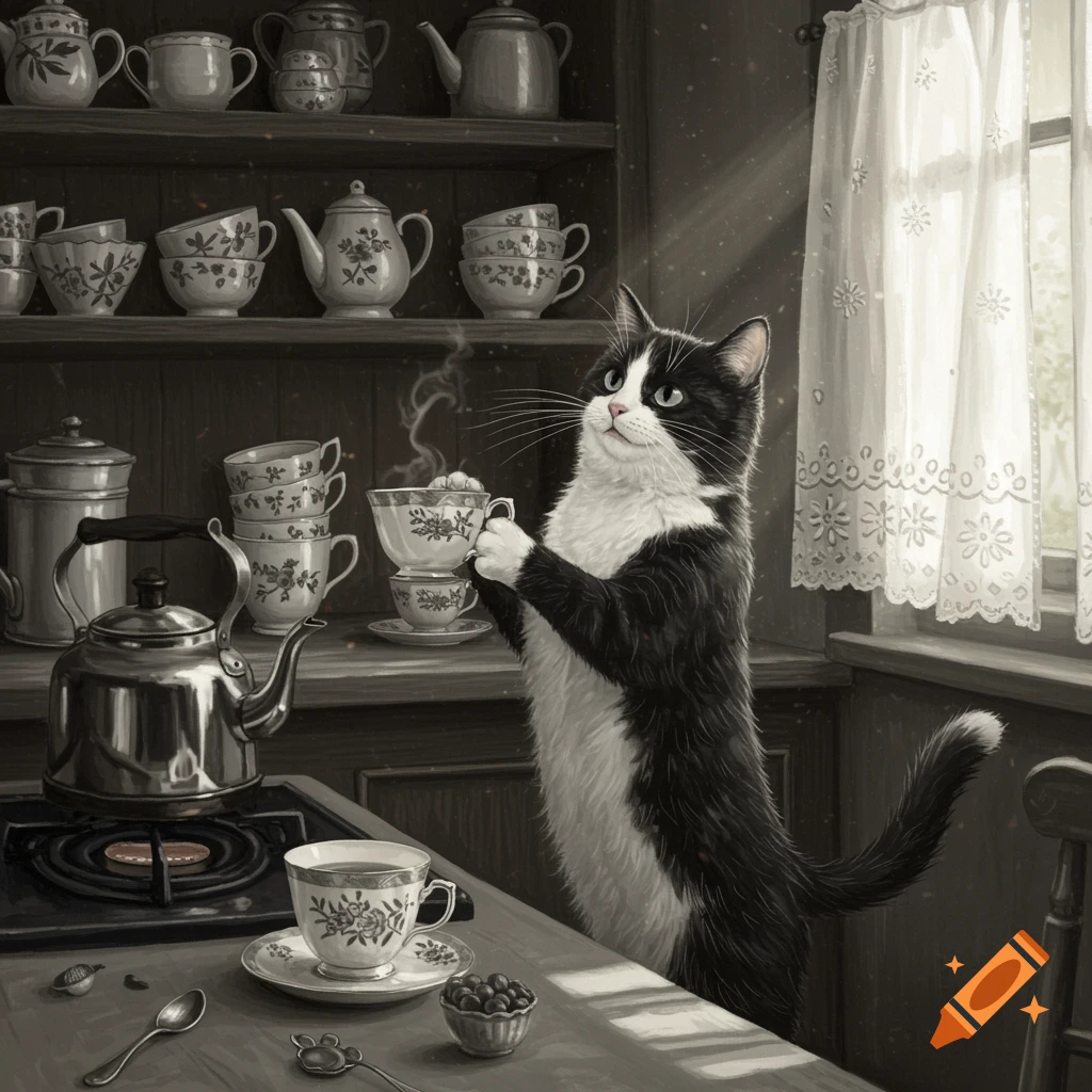 A black and white cat stands on its hind legs, holding a steaming teacup in a kitchen, with kettles and teaware on shelves.
