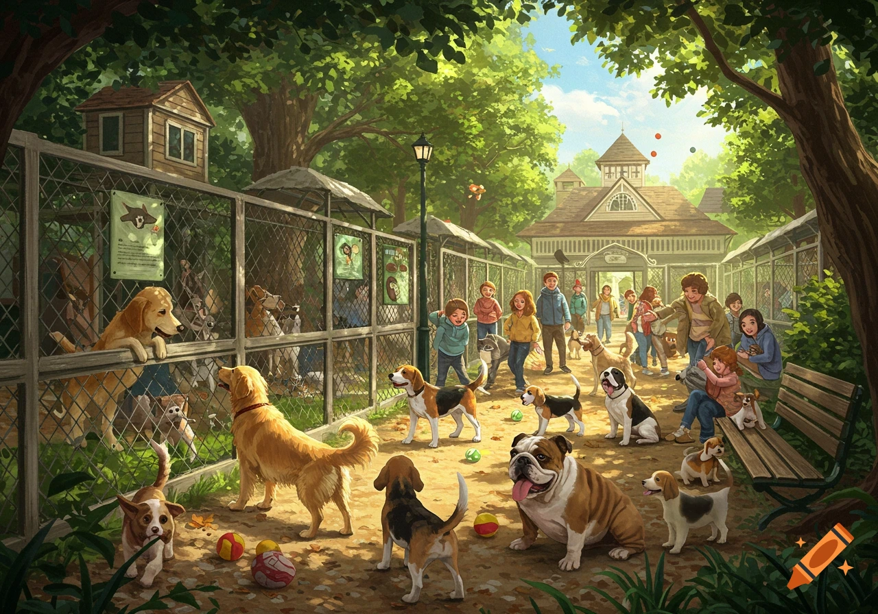 An illustration of children and many dogs in a sunny park with some dogs in fenced enclosures and others playing freely.