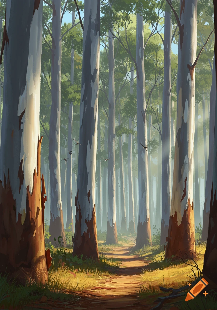 A dirt path winds through a dense forest of tall, white-barked trees with green foliage, light filtering through the canopy.