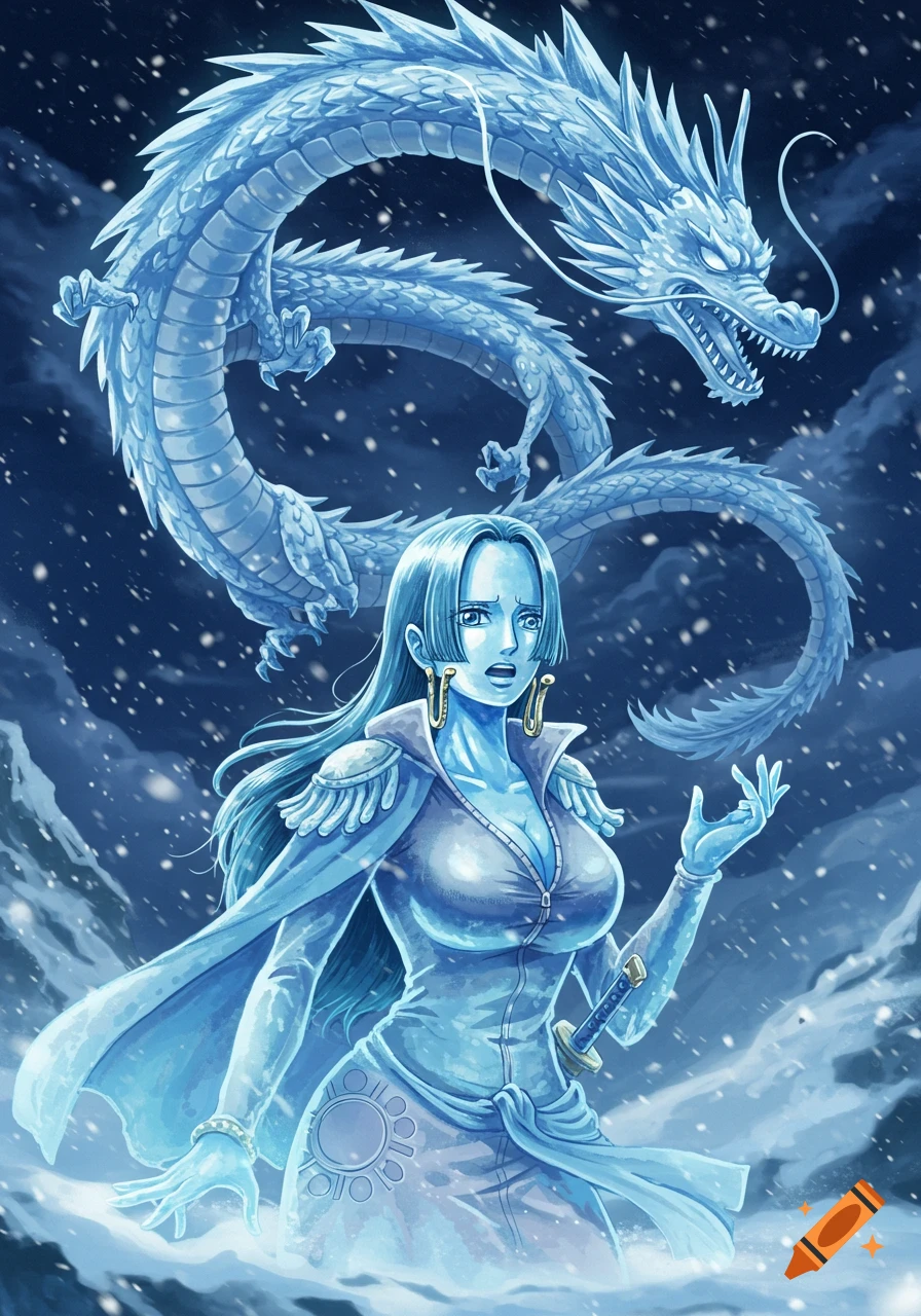 Boa Hancock frozen in ice, looking surprised, with a large ice dragon above her against a snowy background, in anime style.