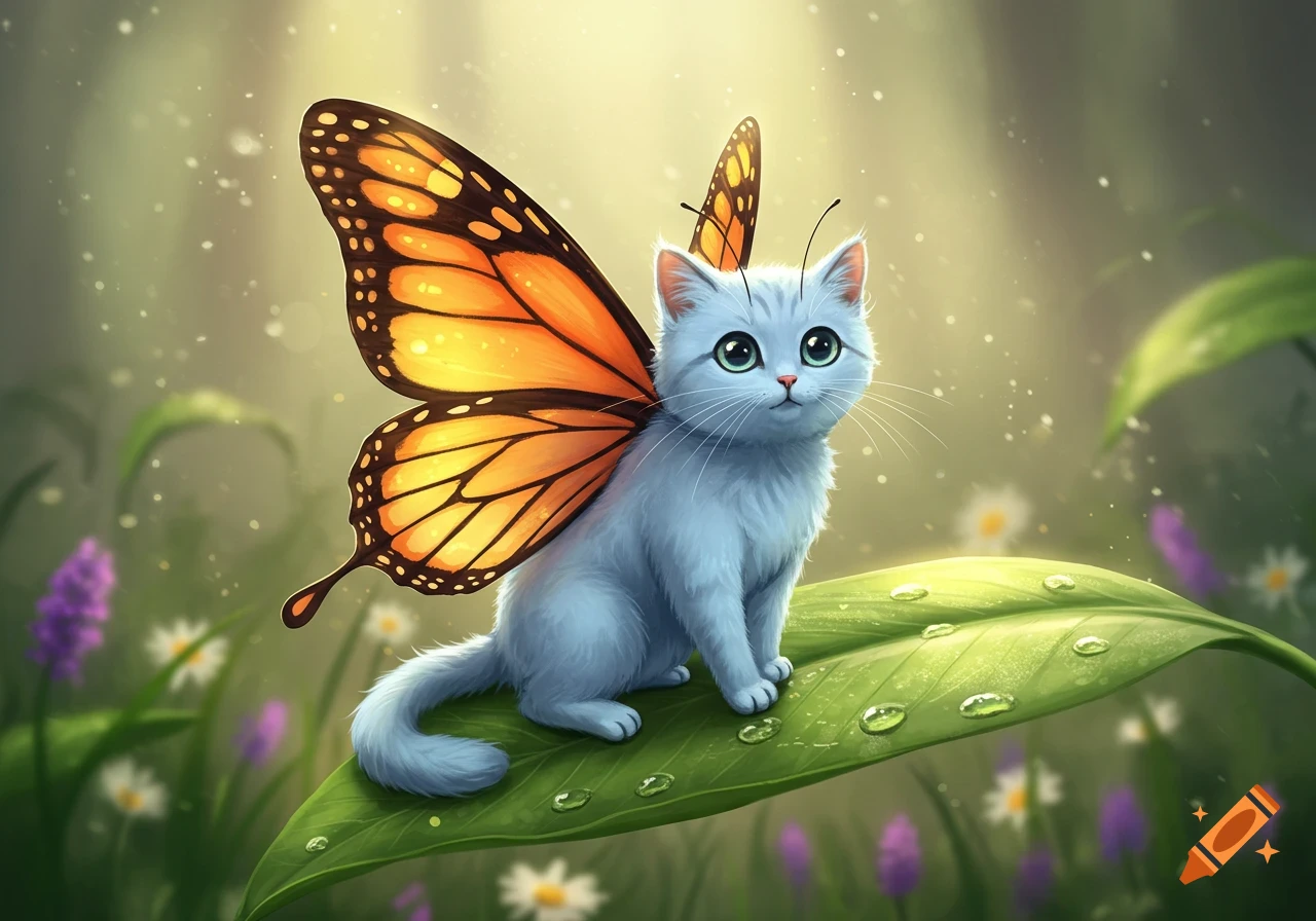 A light blue kitten with monarch butterfly wings sits on a large green leaf with water droplets in a sunlit garden.