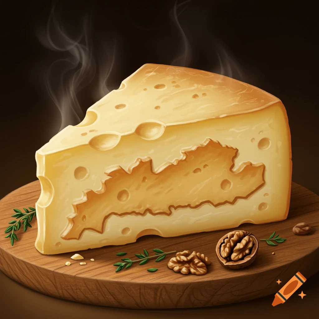 A steaming wedge of yellow cheese with a map-shaped cutout inside, on a wooden board with walnuts and rosemary sprigs.