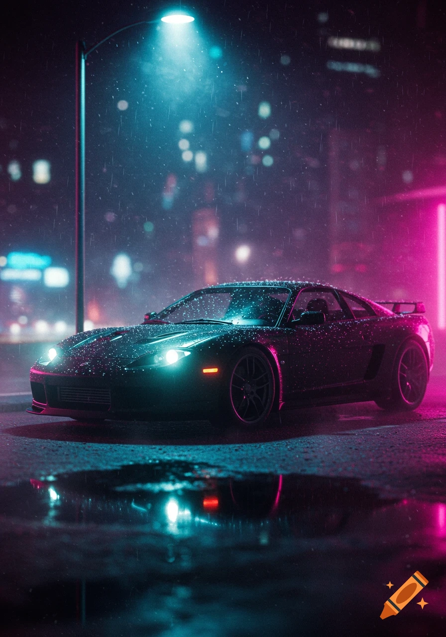 A black sports car on a wet city street at night, illuminated by neon blue and pink lights reflecting in puddles.