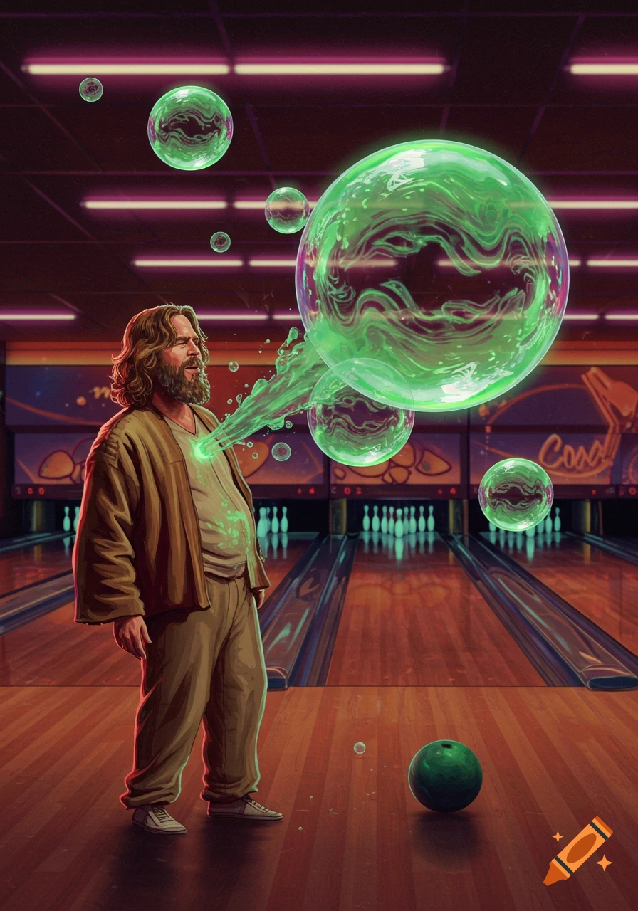 A man resembling The Dude from The Big Lebowski burps glowing green bubbles in a bowling alley, with a bowling ball on the lane.