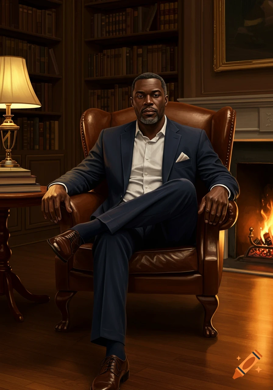 A distinguished Black man in a dark suit sits in a leather armchair in a lavish study with a fireplace and bookshelves.