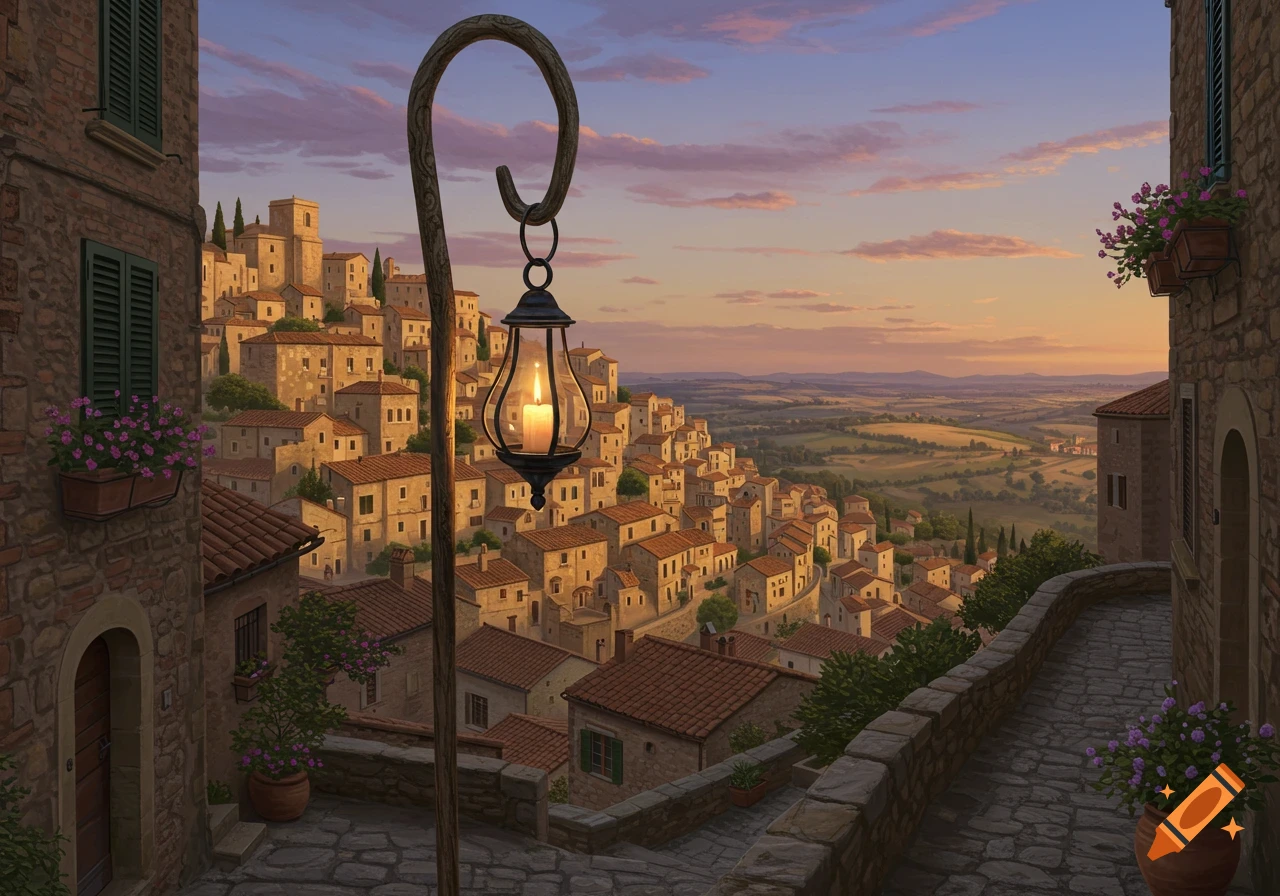 A quaint hillside village at sunset, viewed from a stone street with a glowing candle lantern in the foreground.