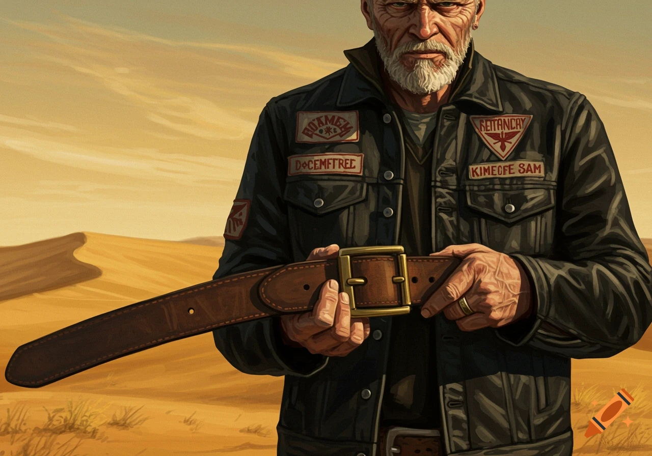An illustration of a stern old man in a biker jacket holding a leather belt, standing in a desert.