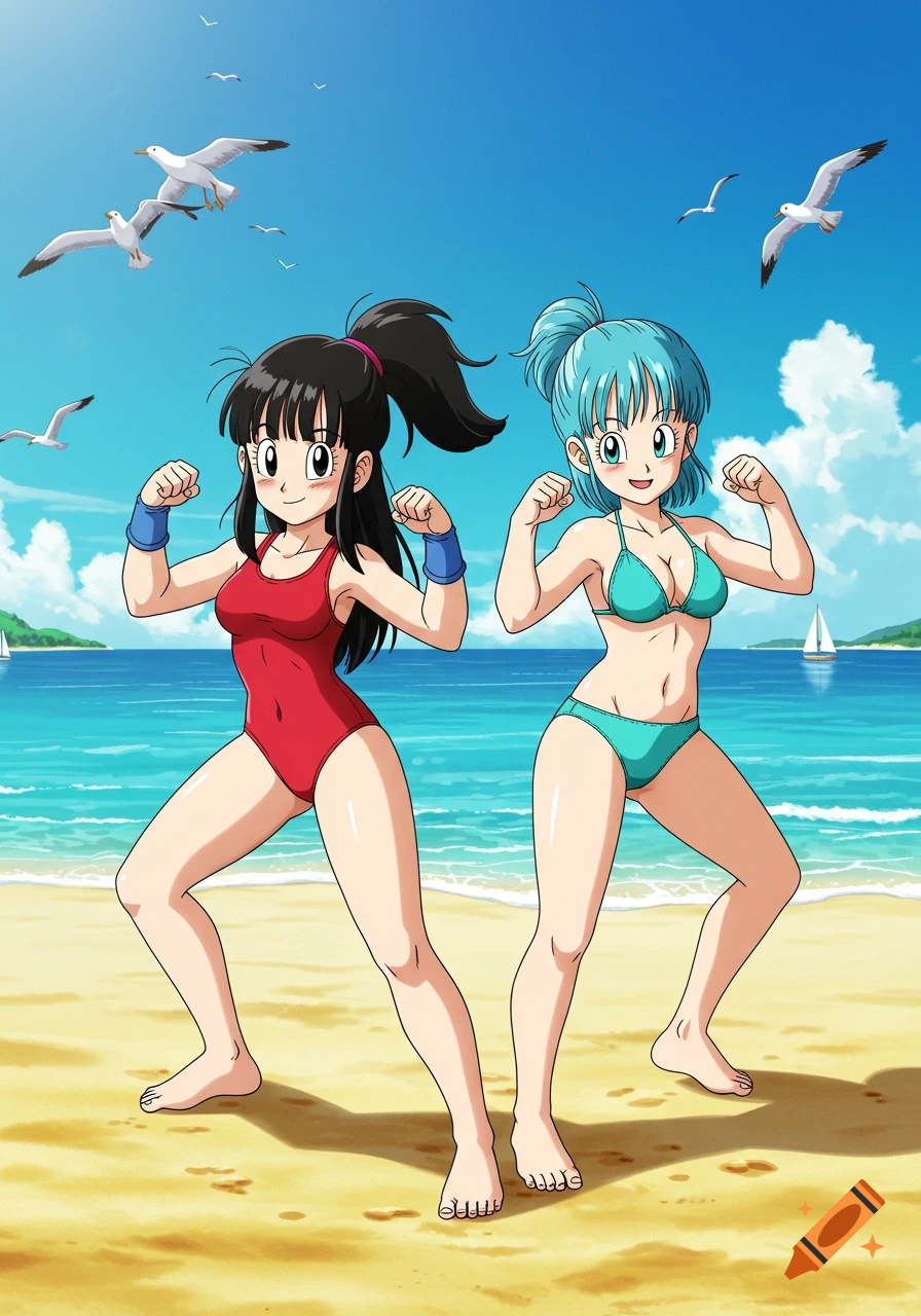 Two anime girls, one in a red swimsuit and one in a teal bikini, flexing their arms on a sunny beach.