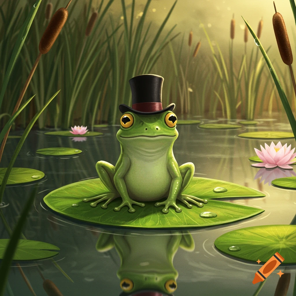 A cute frog wearing a black top hat sits on a green lily pad in a pond surrounded by tall reeds and pink water lilies. Detailed illustration.