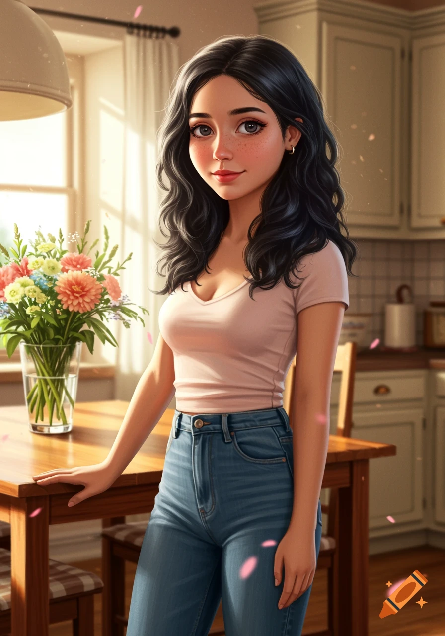 A stylized portrait of a young woman with dark, wavy hair and freckles, standing in a brightly lit kitchen next to a vase of flowers.