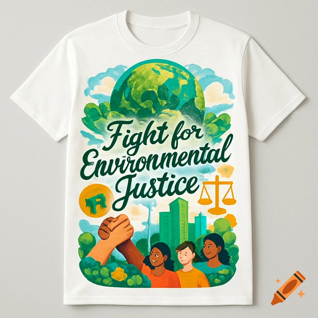 A white T-shirt with an illustration of the Earth, text 'Fight for Environmental Justice,' diverse people, buildings, and a scale of justice.