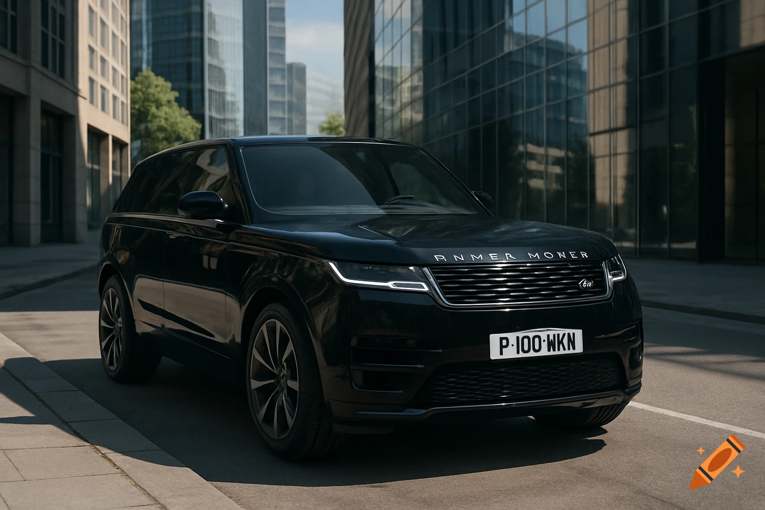 A black SUV parked on a city street with modern glass buildings in the background.