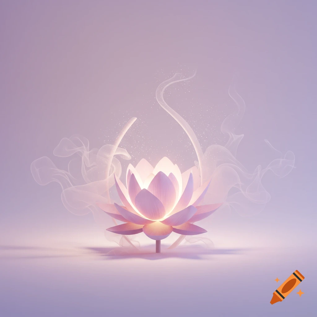 A luminous pink lotus flower with ethereal glowing light and wisps on a soft gradient purple background.