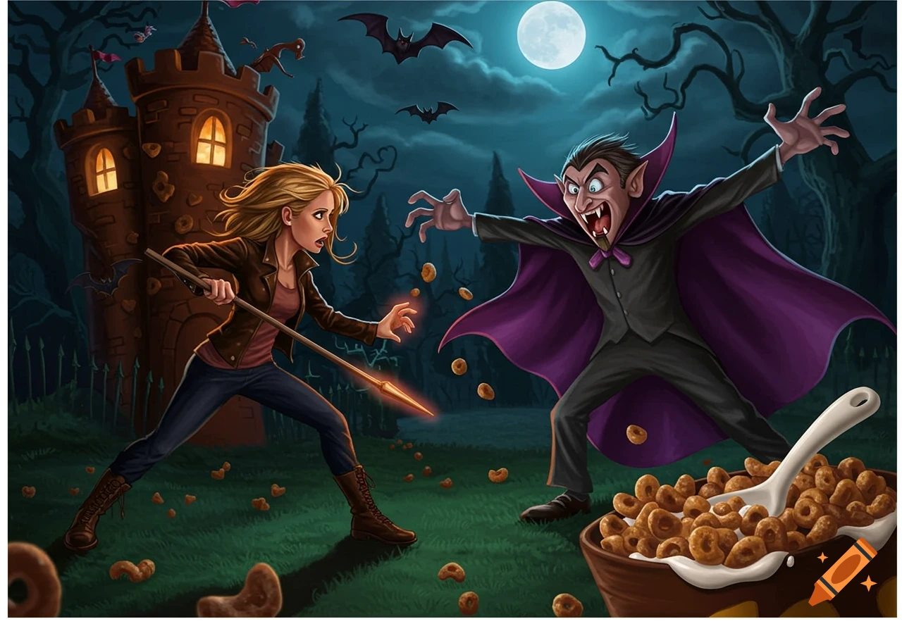 A cartoon illustration of a blonde woman fighting a vampire, who is spilling cereal from a bowl, on a moonlit night in front of a dark castle.