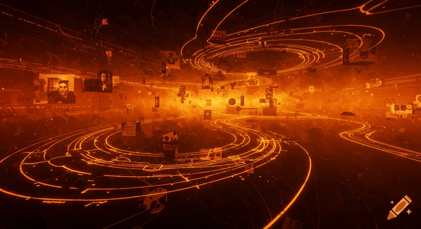 Abstract orange and black digital art with glowing lines, distorted symbols, and faces representing data and conspiracy theories.