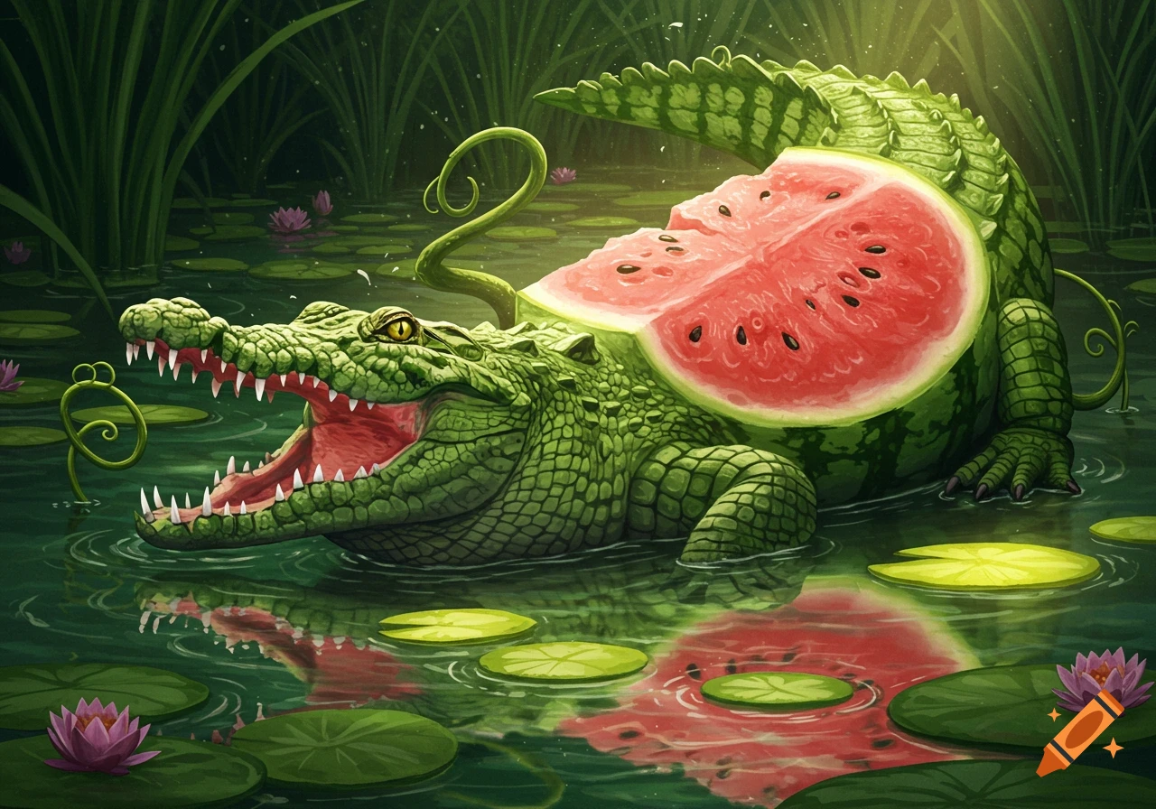 A cartoonish crocodile with a watermelon body, mouth open, in a swamp with lily pads and pink water lilies.