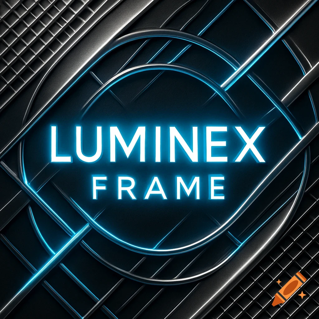 Abstract modern logo with glowing blue text 'LUMINEX FRAME' on a dark metallic, geometric background.