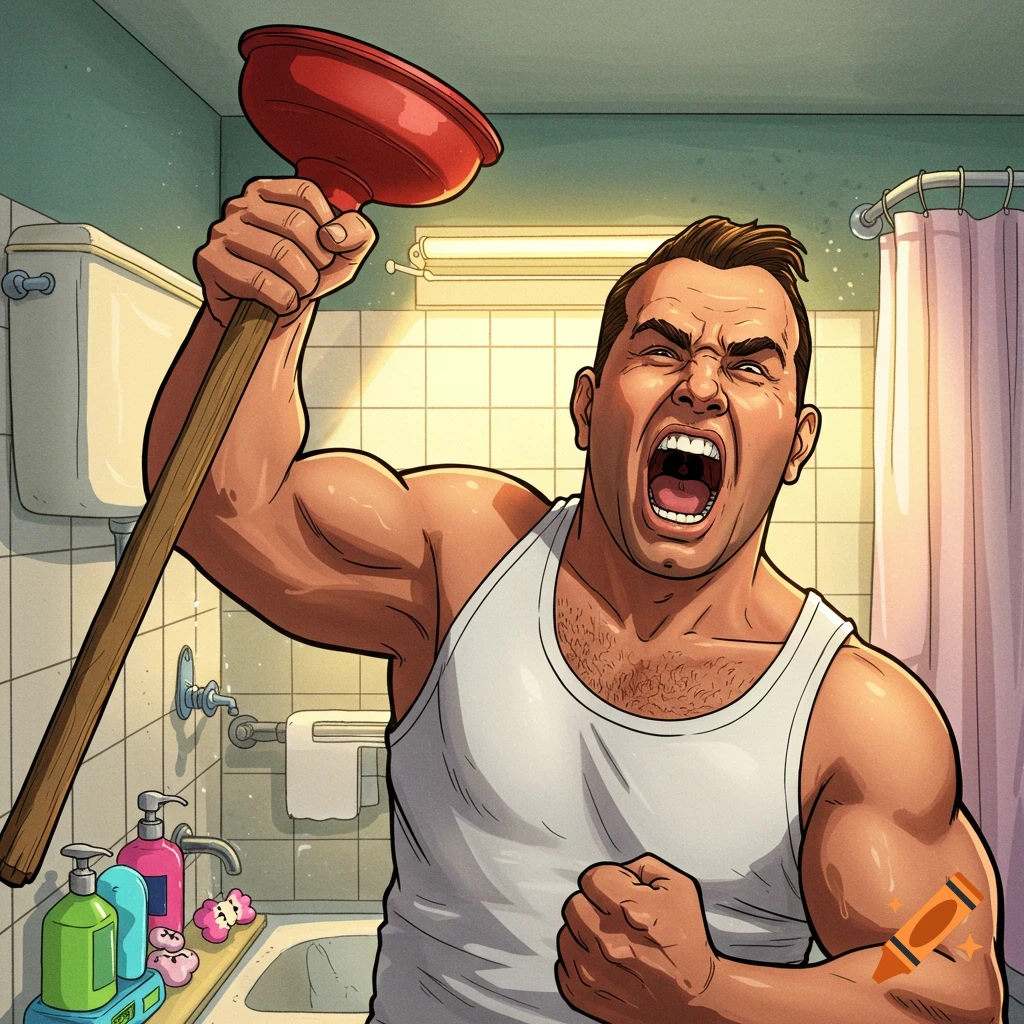 A man in a white tank top yells angrily while holding a red toilet plunger above his head in a bathroom.